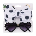 Close-up of kids heart sunglasses with gradient lenses and polka dot bow headband set - Black and White Polka Dot (DP029-7)