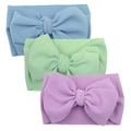 Close-up of three pieces waffle knit baby headbands with large bows in pastel colors - Light Blue Light Green Light Purple Set (DP022-10)