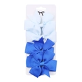 Detalle del juego de cuatro pinzas para el cabello con lazo de cinta otomán azul en tarjeta - Mezcla Azul Claro y Azul Real (DP034-6)