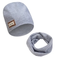 Grey knitted baby beanie and scarf set with ribbed texture and handmade leather label - Gray (DP324-9)
