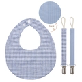 Detail of reversible baby bib with blue checkers and stripes plus pacifier clip accessories - Blue Plaid/Fine Stripe Style