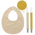 Detail of yellow checkered baby bib with matching pacifier clips and striped back material - Yellow Plaid/Stripe Style