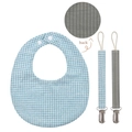 Detail showing blue plaid baby bib and pacifier clips with back fabric macro view - Blue Plaid/Grey Stripe Style