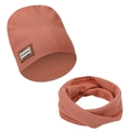 Orange red ribbed knit beanie and neck warmer set with handmade leather patch detail - Orange Red (DP324-31)