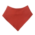 Detailed close-up showing the red cotton fabric and fine stitching of the baby bib - Rust red