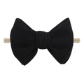 Black velvet bow headband with skin-tone nylon elastic band for babies and infants - Black