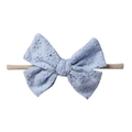 Detailed view of baby headband with light blue floral embroidery and nylon band - Light Blue