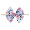 Baby-Stirnband aus Nylon mit großer lila Doppelschleife und buntem Blumenmuster-Print - Fertigprodukt / Lila Blumendruck Stil (EE55-16#)