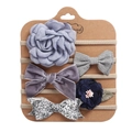 Detail view of 5-piece baby headband set with fabric flowers and glitter bows on card - Purple Blue Stripe Glitter Combination (DP061-8)
