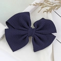 Large navy blue waffle fabric hair bow clip with elegant handmade double layer design - Navy Blue