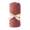 Detail of soft bamboo cotton baby swaddle blanket in brick red with white ribbon bow - Rust red / 100*100cm