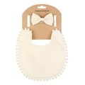 Détail de l'ensemble bandeau bébé et bavoir boho avec bordure pompon sur carton - Poche zippée