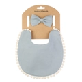 Détail du bavoir bébé bleu-gris avec pompons et bandeau à nœud assorti - Gris Bleu