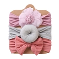 Detailed set of 3 baby headbands with pink flower, gray donut, and coral red bow - Pink Flower + Gray Doughnut + Coral Red Bow (DP057-2)