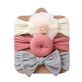Three-piece baby headband set featuring mesh flower, round pom-pom, and large double bow knots - Beige Flower + Bean Paste Red Doughnut + Light Gray Bow (DP057-12)