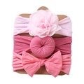Detailed set of 3 pink baby headbands featuring flower, fabric ball, and large bow motifs - Pale Pink Flower + Mid Pink Doughnut + Bright Pink Bow (DP057-8)