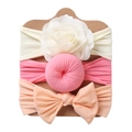 Three-piece baby headband set featuring floral bows and soft elastic nylon fabric - Milk White Flower + Dusty Pink Doughnut + Light Orange Bow (DP057-9)