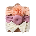 Three-piece baby headband set with floral, knot, and bow designs on a display card - Orange Pink Flower + Purple Doughnut + Creamy White Bow (DP057-10)