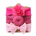 Detailed set of 3 elastic baby headbands with pink fabric flowers and bows on display card - Rose Red Flower + Dark Pink Doughnut + Light Pink Bow (DP057-6)
