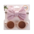 Pink ribbed bow headband and round sunglasses set for girls displayed on a white card - Pink