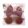 Detail view of kids pink ribbed bow headband and matching round sunglasses on card - Flesh Pink