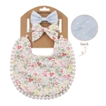 Bavoir floral bébé avec bordure pompons et ensemble de bandeaux assortis - Bleu Vert Floral Pois (DP032-2)