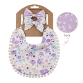 Set bavaglino e fascia per neonato in cotone a fiori viola con bordo a pompon - Viola Floreale (DP032-4)