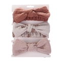 Three-piece baby bow headband set in soft textured cotton gauze with rainbow prints - Brick Red Rainbow and Pink Combination (DP070-1)
