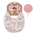 Bavaglino neonato floreale con bordo pompon e set di fasce a quadretti abbinato - Rosso Bianco Quadretti Floreale (DP032-5)
