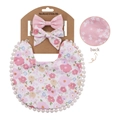 Baby-Lätzchen mit Blumenmuster, Pompons und zwei passenden Schleifenstirnbändern - Orange Gelb Blumen (DP032-6)