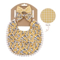 Coffret bavoir et bandeau pour bébé avec imprimé floral jaune, carreaux et pompons - Jaune Floral Carreaux (DP032-7)