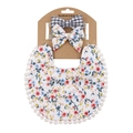 Infant bib and headband set featuring red and yellow floral patterns on white cotton - Floral Plaid Set (DP032-1)