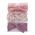 Three-pack baby headbands featuring pink, floral, and lilac bow designs on display card - Pink Floral and Purple Combination (DP070-6)