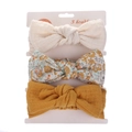 Three-piece baby headband set featuring textured cotton bows in solid and floral prints - Beige Floral and Ginger Yellow Combination (DP070-7)