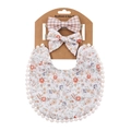 Baby linen cotton floral bib and matching bow headband set on a display card - Beige Grid Floral (DP032-3)