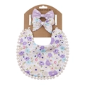 Floral baby bib and matching headband set on a kraft display card for toddlers - Purple Floral Style (DP032-4)