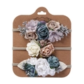 Detailed set of 3 floral baby headbands with elastic nylon bands on a display card - Gray Pink and Teal Series (DP064-4)