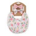 Pink floral infant bib set with matching bow headbands on display card - Pink Plaid Floral (DP032-5)