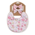 Baby floral bib and headband set with fringe trim on a display card stand - Rainbow Floral Style (DP032-6)