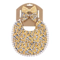 Baby bib and headband set with yellow floral pattern and pompom trim on card - Bright Yellow Floral Plaid (DP032-7)