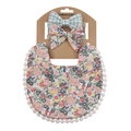 Floral baby bib and headband set with green plaid bow on kraft display card - Green White Plaid Floral (DP032-8)
