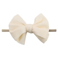 Detail of soft cream ribbed knit bow headband for infants with khaki elastic nylon band - Beige