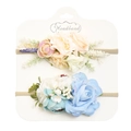 Dettaglio di due fasce floreali con rose champagne e blu su morbido nylon elastico - Stile Pizzo Champagne Rosa Blu (DP079-16)