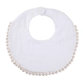 Detail of soft cotton gauze baby bib with fringe trim and adjustable snap buttons - White