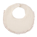 Detail of baby muslin cotton bib with pom-pom trim and adjustable snap buttons - Off White
