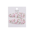 Detail of pink floral embroidery fabric hair clips on a white presentation card - Pink and Green Floral