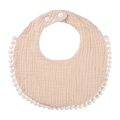 Detail of soft cotton gauze baby bib with fringe trim and adjustable snap buttons - Khaki