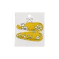 Detail of yellow floral embroidery fabric hair clips on a white presentation card - Yellow Floral
