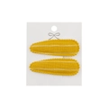 Detailed close-up of yellow striped fabric hair clips with delicate scalloped edges - Yellow White Striped