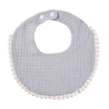 Detail of grey muslin cotton baby bib featuring soft pom-pom trim and adjustable snap buttons - Light Gray